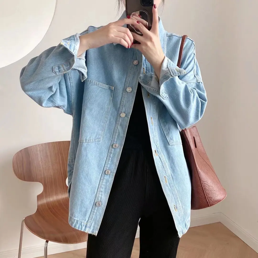

Autumn Washing Denim Jacket For Women European And American Style Pocket Decorated Blue Four Color Ladies Clothing