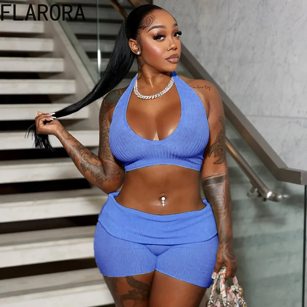 

FLARORA летние ребристые спортивные комплекты из 2 предметов, женские облегающие укороченные топы с лямкой на шее и узкие шорты, женские уличные спортивные костюмы