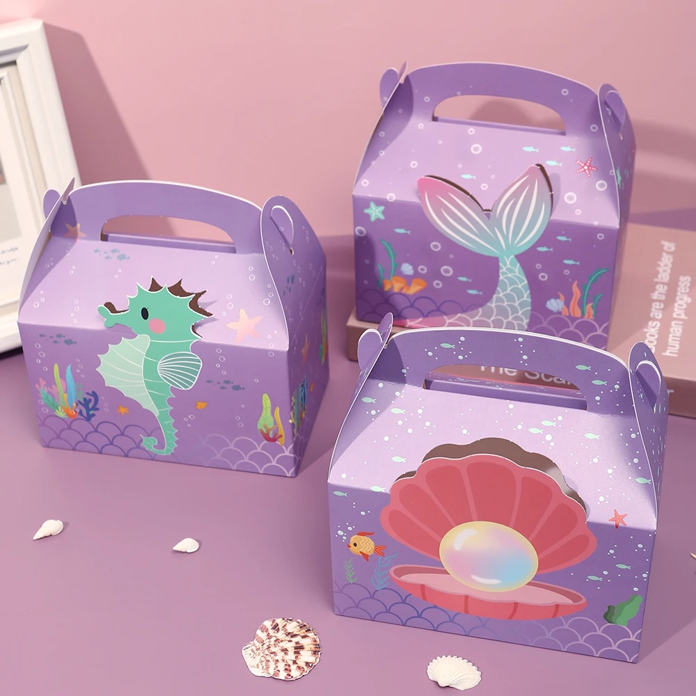 Purple Mermaid Tail Gift Boxes Ocean Pearl Seahorse Candy Cookie Packaging Paper Box For 1st Birthday Party Favors Supply