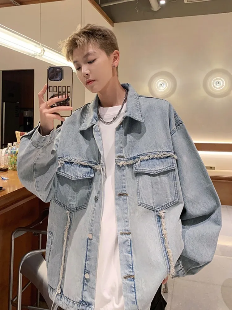 

Retro American Men's Denim Jaet Autumn New Small Design Sense Splicing Workwear Jaet Loose Fit Button Decorated Jeans Cloth