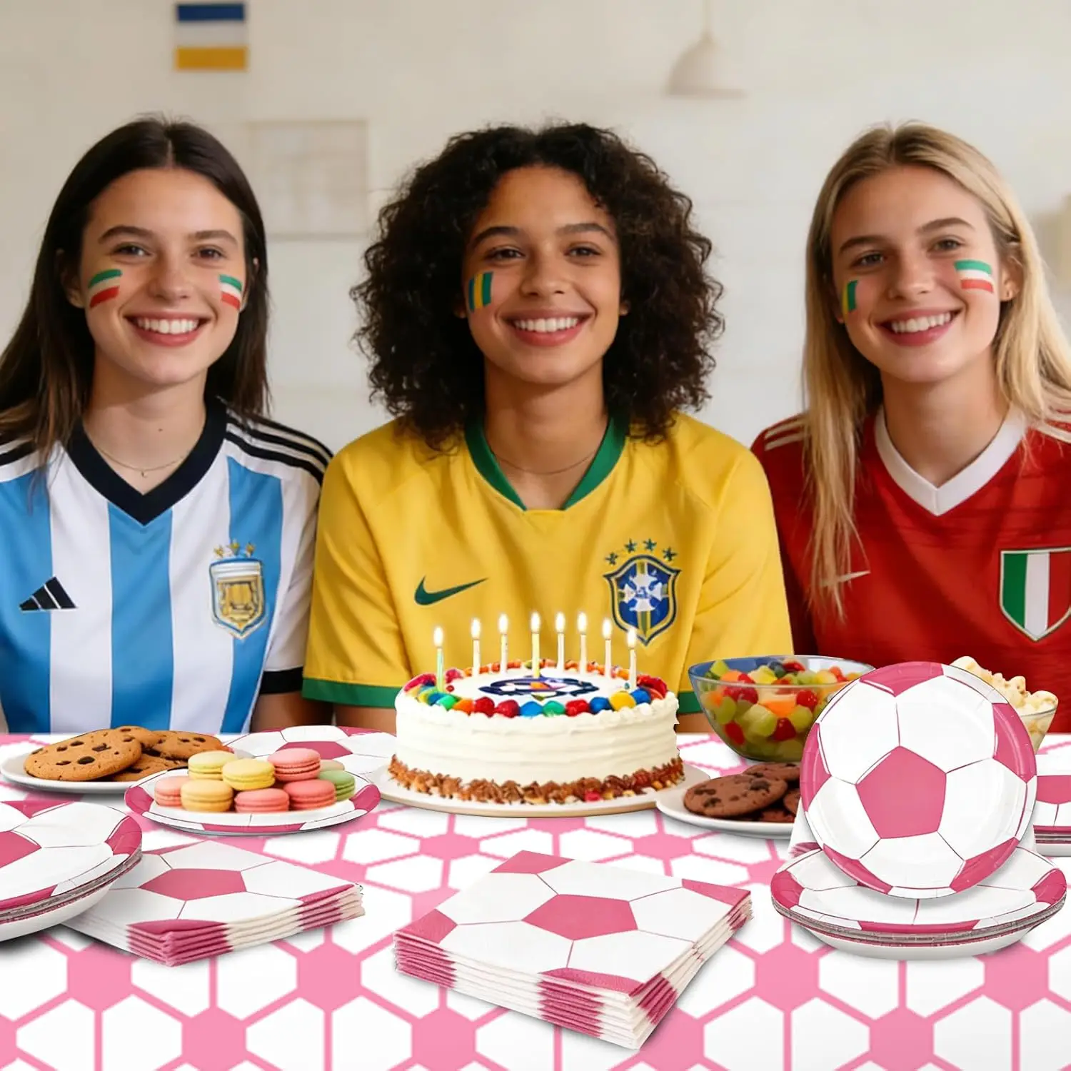 Neues Rosa Einweg-Fußball-Geschirr, Pappbecher, Teller, Servietten, Tischdecken, Geburtstagsfeiern, Feierlichkeiten, Partyzubehör – Detail 8