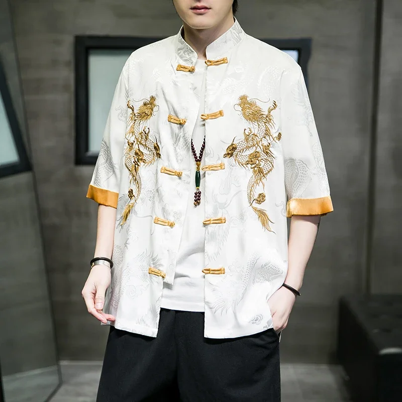 Creative Golden Dragon Embroidery Men Shirt Tang Suit Hanfu Retro Cheongsam Casual Kung Fu Top Traditional Zen Tea Cardigan Coat