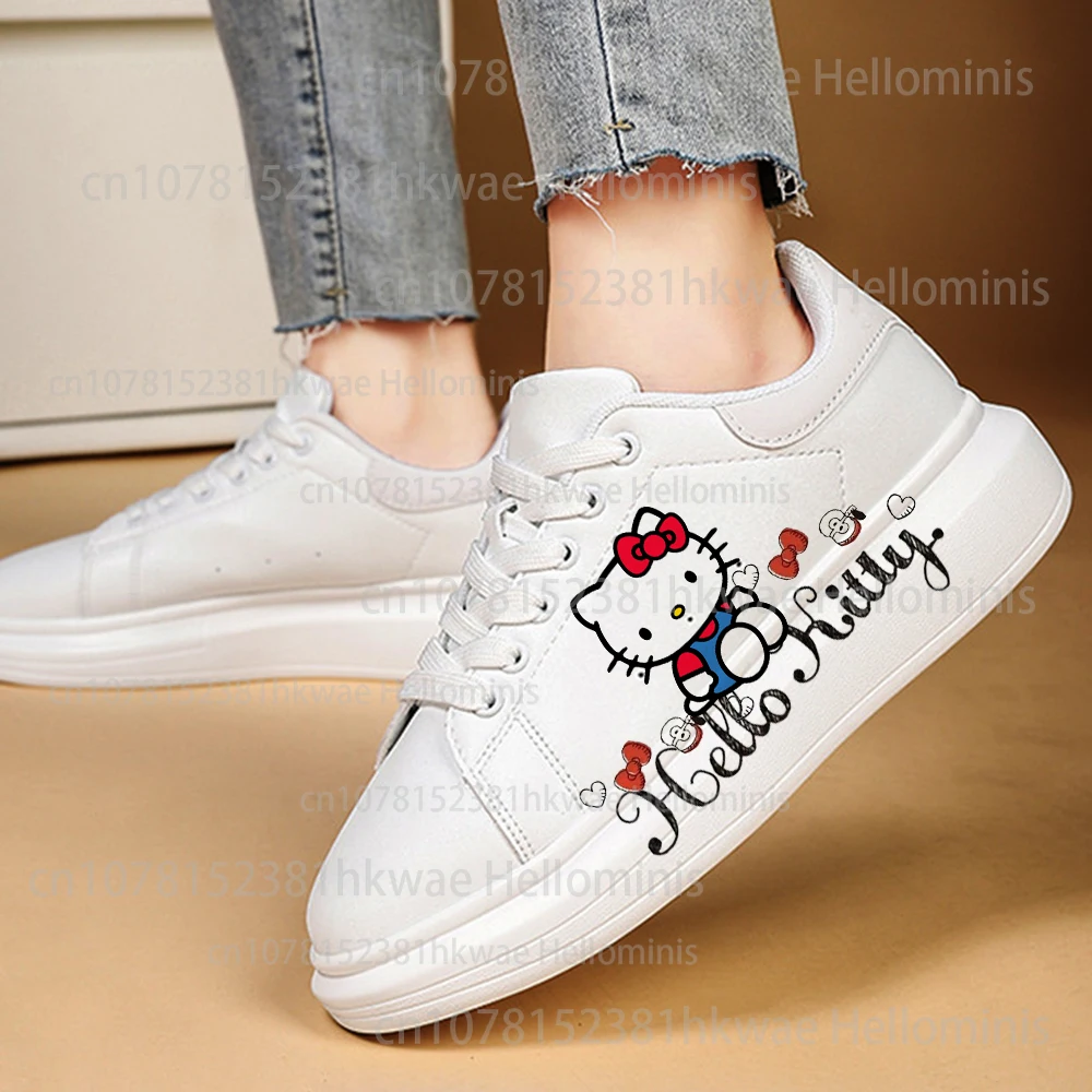 Hello kitty sepatu kets lucu wanita, sepatu kasual Platform kateboarding Fashion, sepatu datar 3D graffiti pink