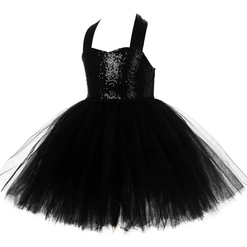 Cute Black Cat Puffy Dress,Girls' Birthday Gown, Toddler & Kids Halloween Outfit, Elegant Solid Black Stage Clothes For Children