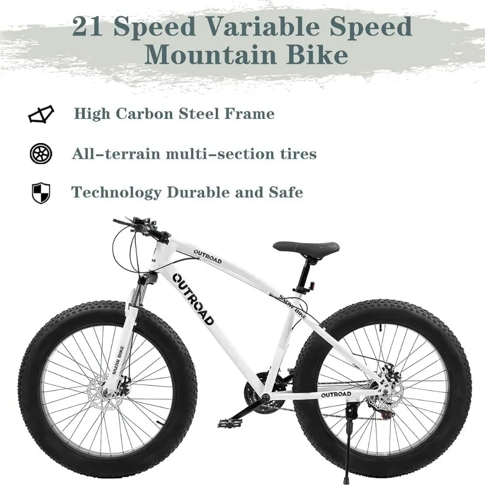 Mountain Bike with 26 inch Fat Tire,21 Speed with High Carbon Steel Frame,Double Disc Brake and Front Suspension Anti-Slip Bikes