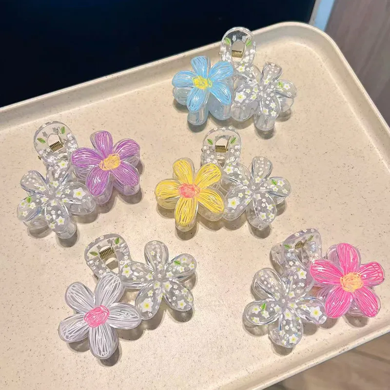 Women's Hair Clip Sweet And Fresh Graffiti Style Flower Grab Shark Clip White Color Fashion Simple Head Coil Hair Clip For Girls