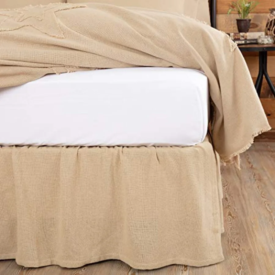 

Burlap Farmhouse Bed Skirt Tan Distressed Appearance Cotton Solid Color Split Corners Bedroom Decor