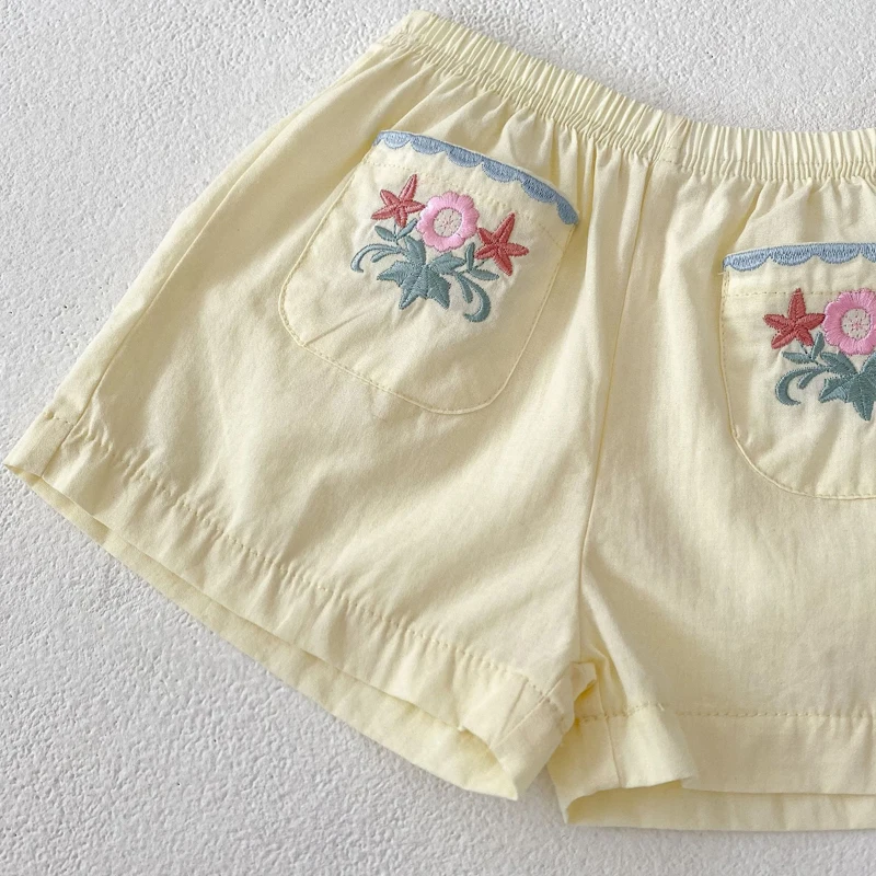 New summer baby clothing, set of 2 pieces for 0-3 year old girls with flower embroidered lapel short sleeved top and thin shorts