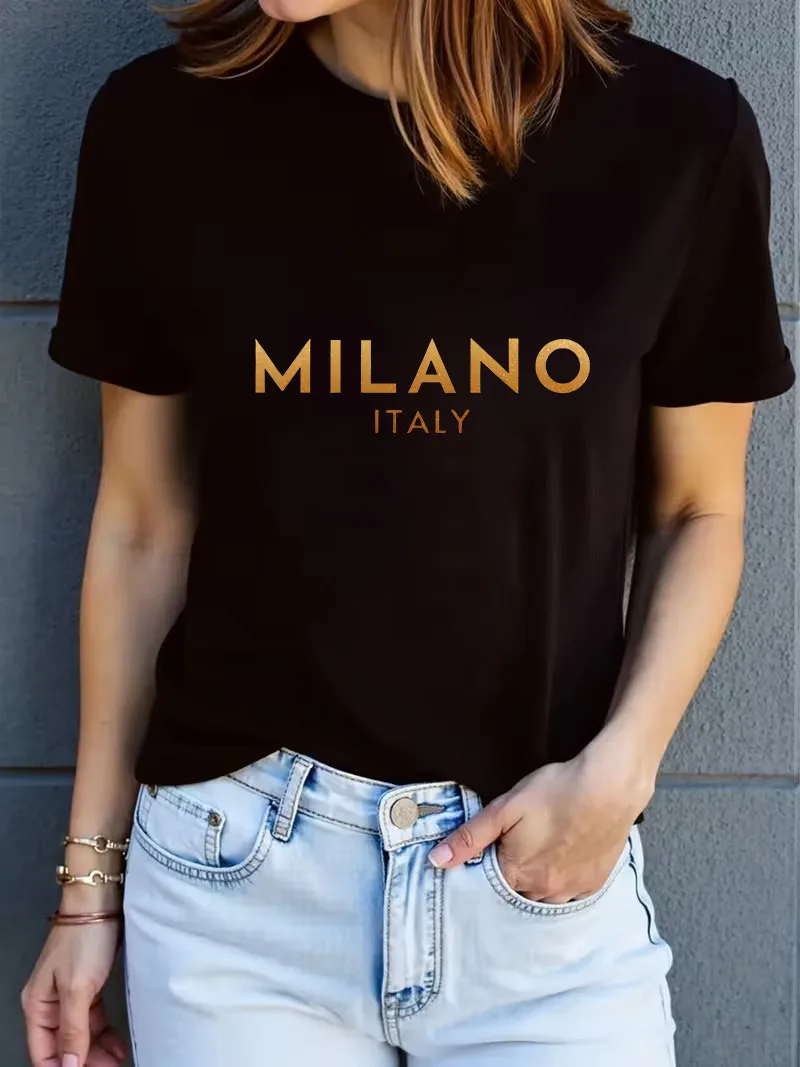 Streetwear Milano Italy Letter Women's Casual Summer Short Sleeved Crew Neck T-shirt Top Tee Graphic Shirt Woman Clothes