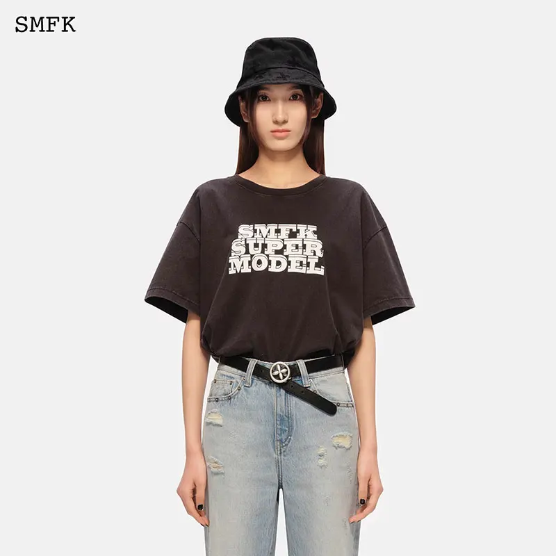 

SMFK Letter Printing T-shirts Vintage Washed Street Short Sleeve for Men and Women Summer Oversized Couple Short Tops Cotton Tee