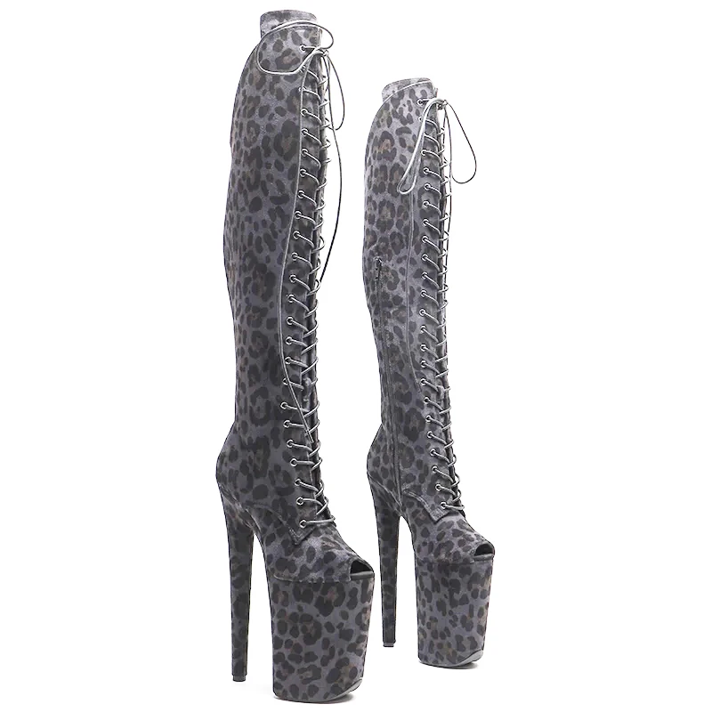 Leecabe 23CM/9inches Leopard Print Upper Small Open Toe Fashion Lady High Heel Platform Pole Dance Boots