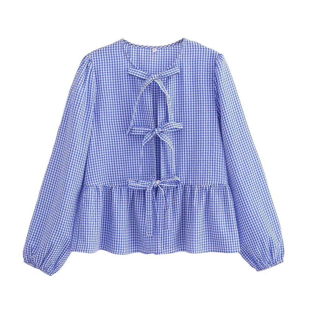 

2024ZAR Spring/Summer New Women's Style Versatile Casual Checkered Round Neck Tie up Bubble Sleeve Top