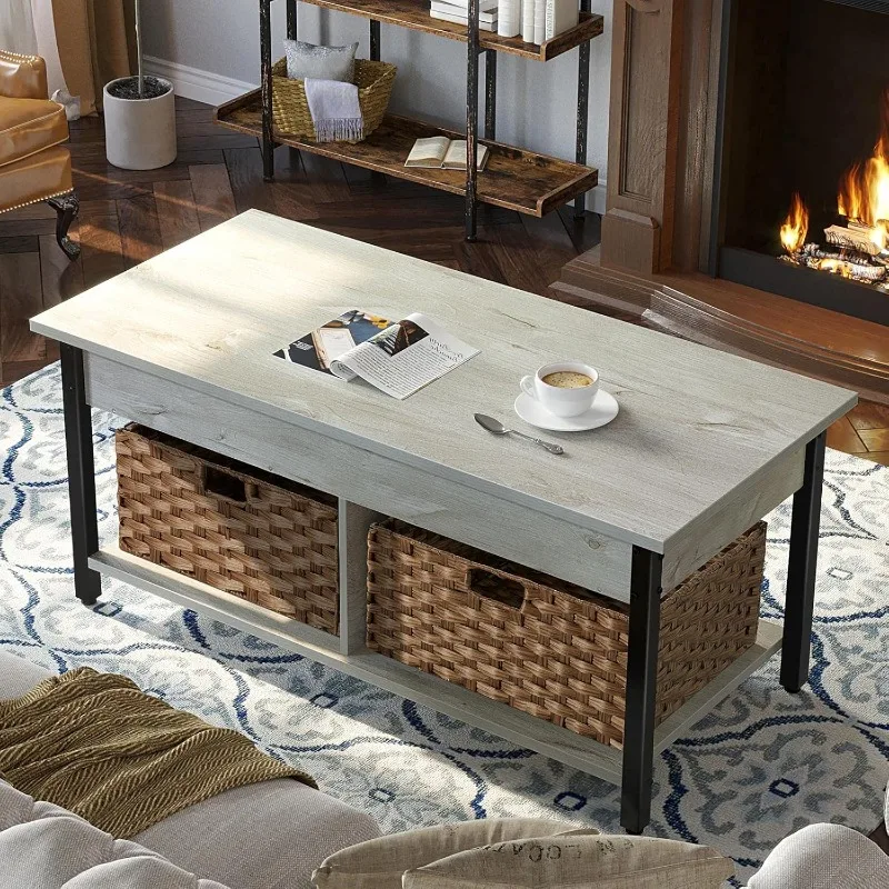 

Coffee Table with Hidden Storage Compartment and 2 Rattan Baskets, Retro Central Table with Wooden Lift Tabletop and Metal Frame