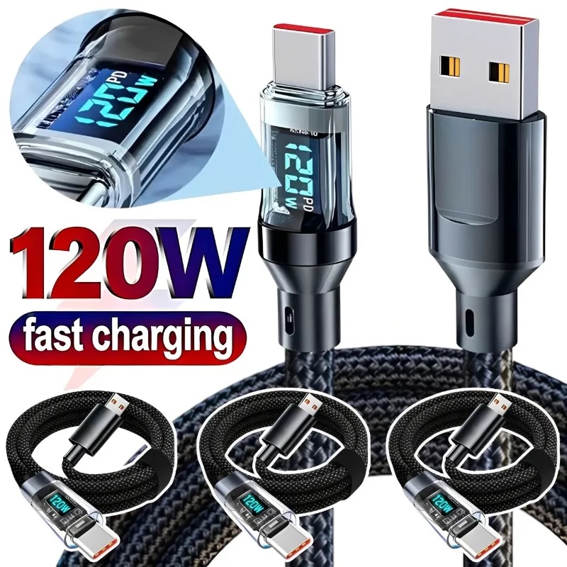 1/2/3Pcs Digital Display 120W USB Type C Nylon Fast Charging Cable High Speed Charging Wire for iPhone Huawei Samsung Xiaomi
