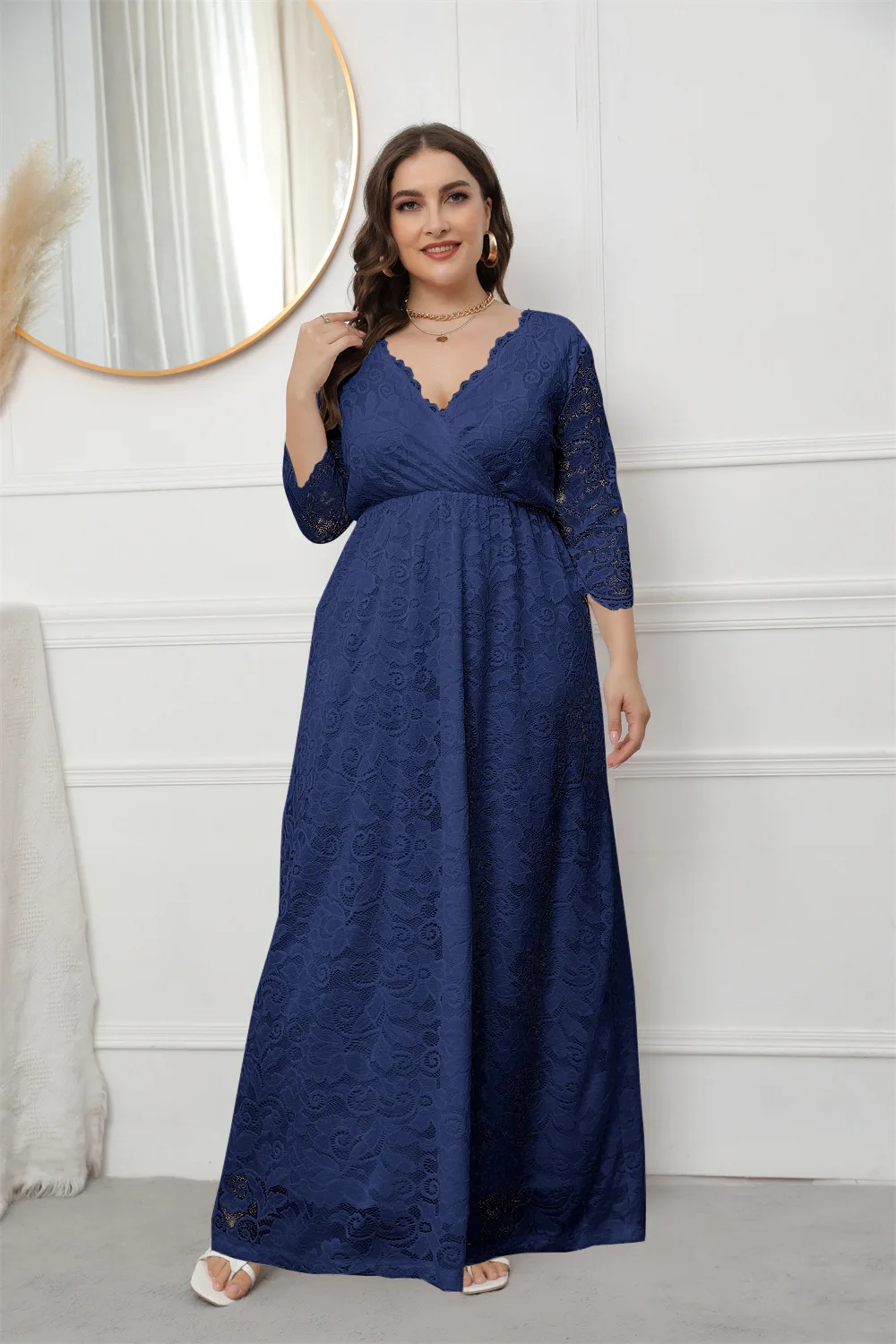 Plus Size Women Casual Dresses New Lace V-Neck Long Sleeve Party Dress Large Size Female Elegant Evening Long Dresses 2023 Fall