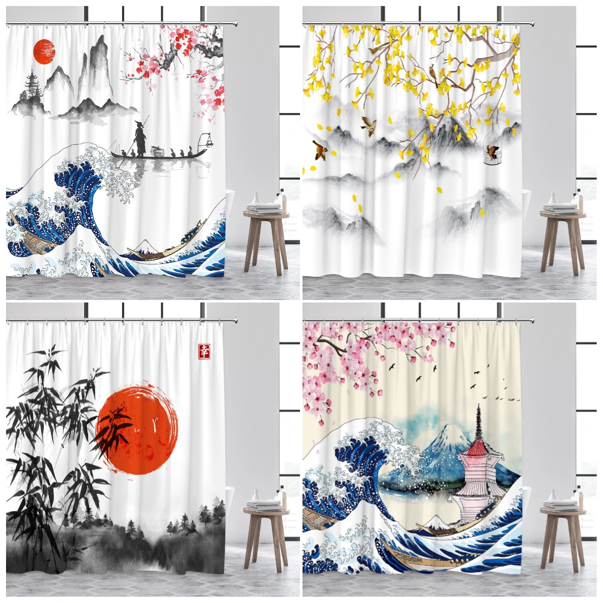 

Japanese Style Shower Curtain Sea Wave Cherry Blossom Floral Ink Bamboo Mountain Scenery Bathroom Curtains Polyester Home Decor