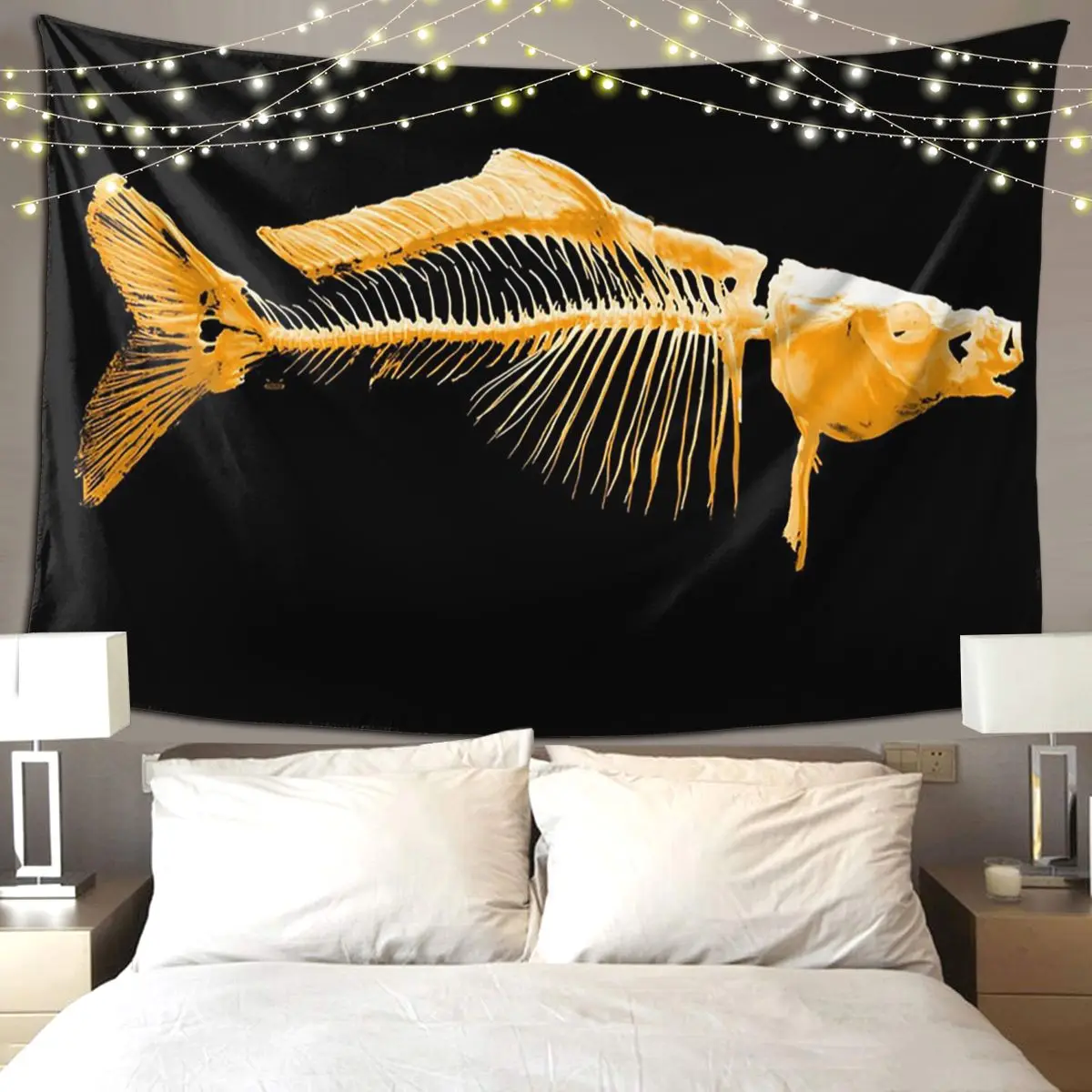 Golden Fish Skeletons Tapestry Funny Wall Hanging Aesthetic Home Decor Tapestries for Living Room Bedroom Dorm Room