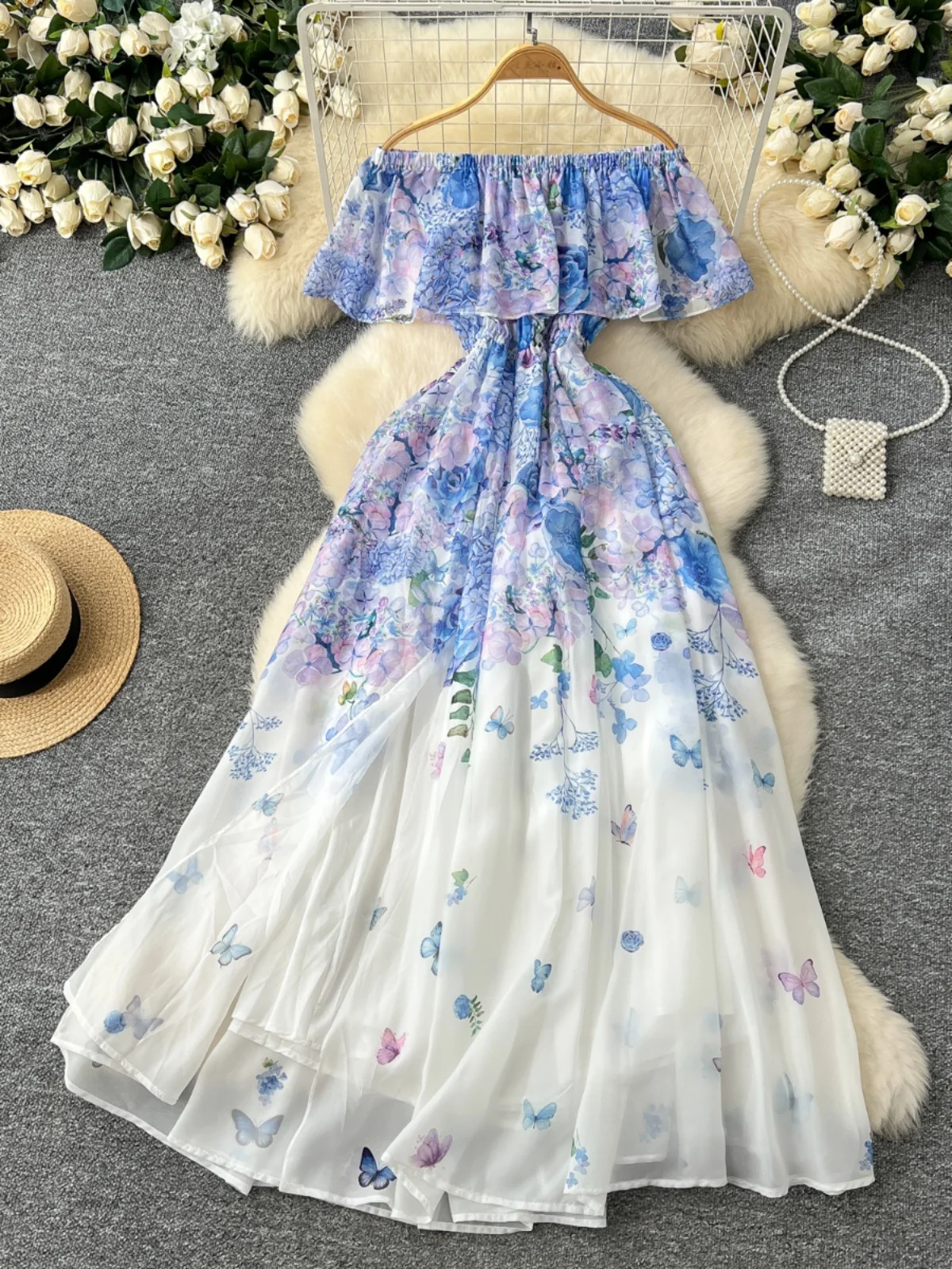 Vestido de Gasa con Estampado Floral y Cintura Ajustada con Dobladillo, Estilo Coreano, Falda Larga de Cintura Alta para Muje...