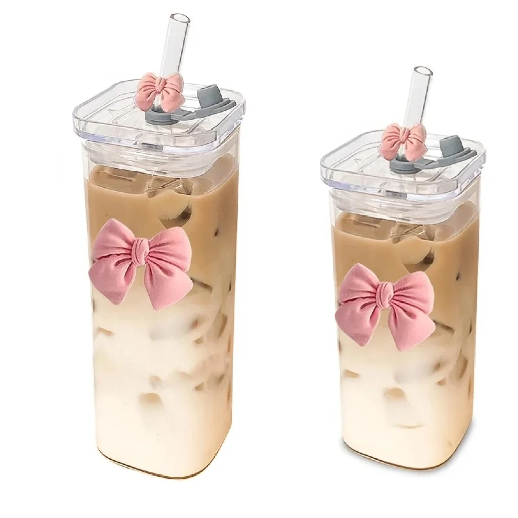 MuLan 1/2PCS Pink Bow Cup Glas 400ml Glasbecher zum Tragen im Freien Kaffee Saft Milch Tee mit Deckel und Strohhalme geeignet als Geschenk