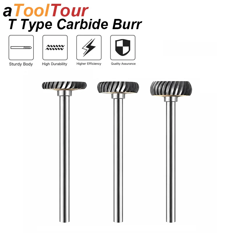 T Type Tungsten Carbide Rotary Tool Burr 3mm Shank Curved Straight Edge Grind Deburr Cut Shape Cutter Metal Aluminum Wood Steel