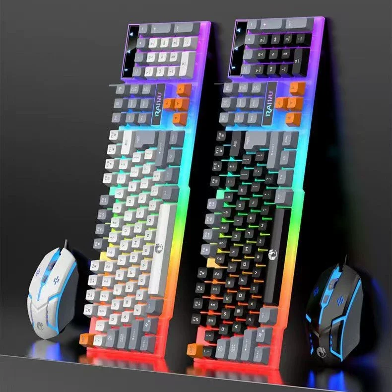 Conjunto de teclado e mouse para jogos mecânicos com fio retroiluminado RGB tricolor T26 com conexão USB