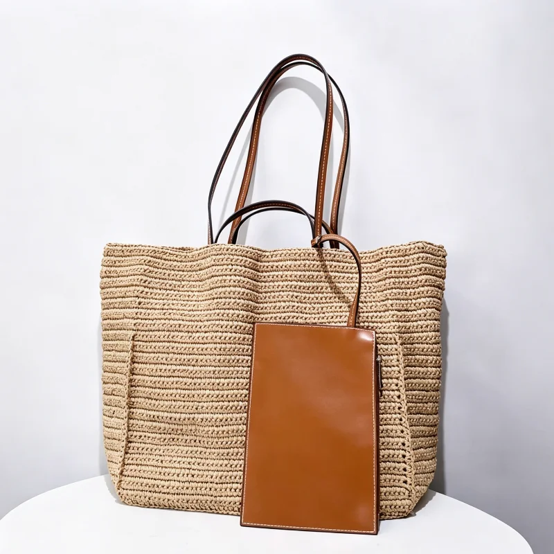 

Brand Luxury Bohemian Woven Shoulder Bag Leather Handle Solid Color Large Capacity Tote Bag Casual Vacation Hand-held Beach Bag