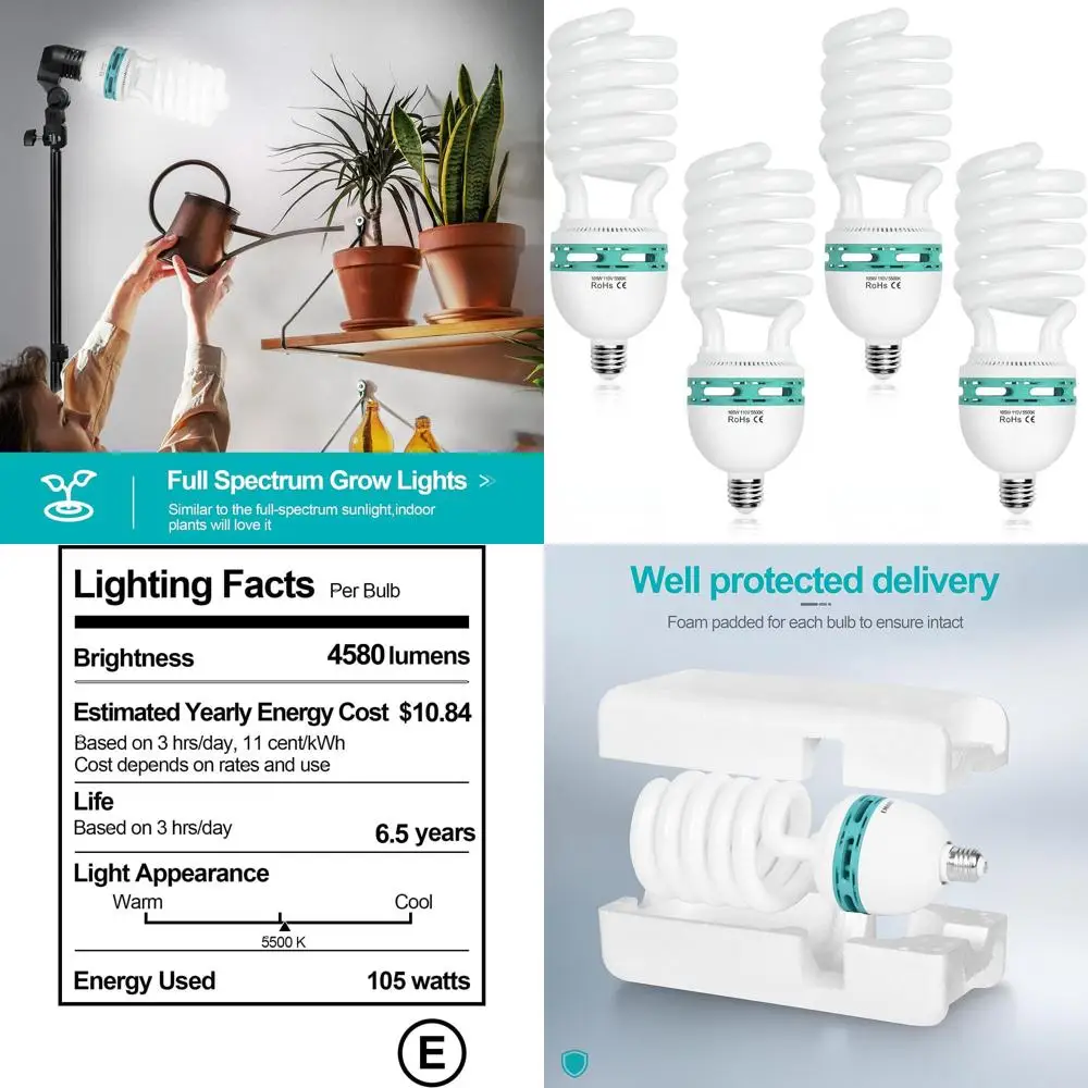 

4-Pack 105W Spiral LED Daylight 5500K Bulbs for Photography, Video Studio, and Household Use