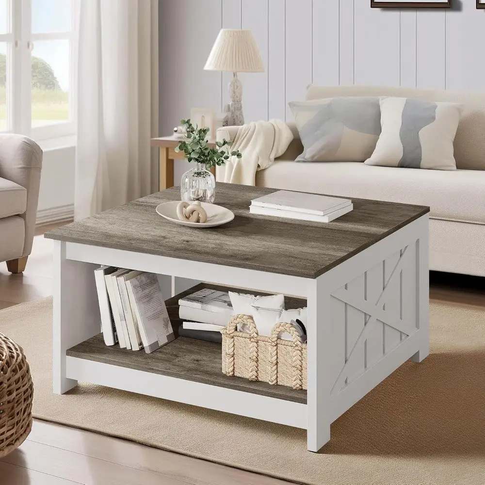 Rustic Farmhouse-Style Coffee Table, Square with Half-Open Storage, Light Brown & White for Living Room