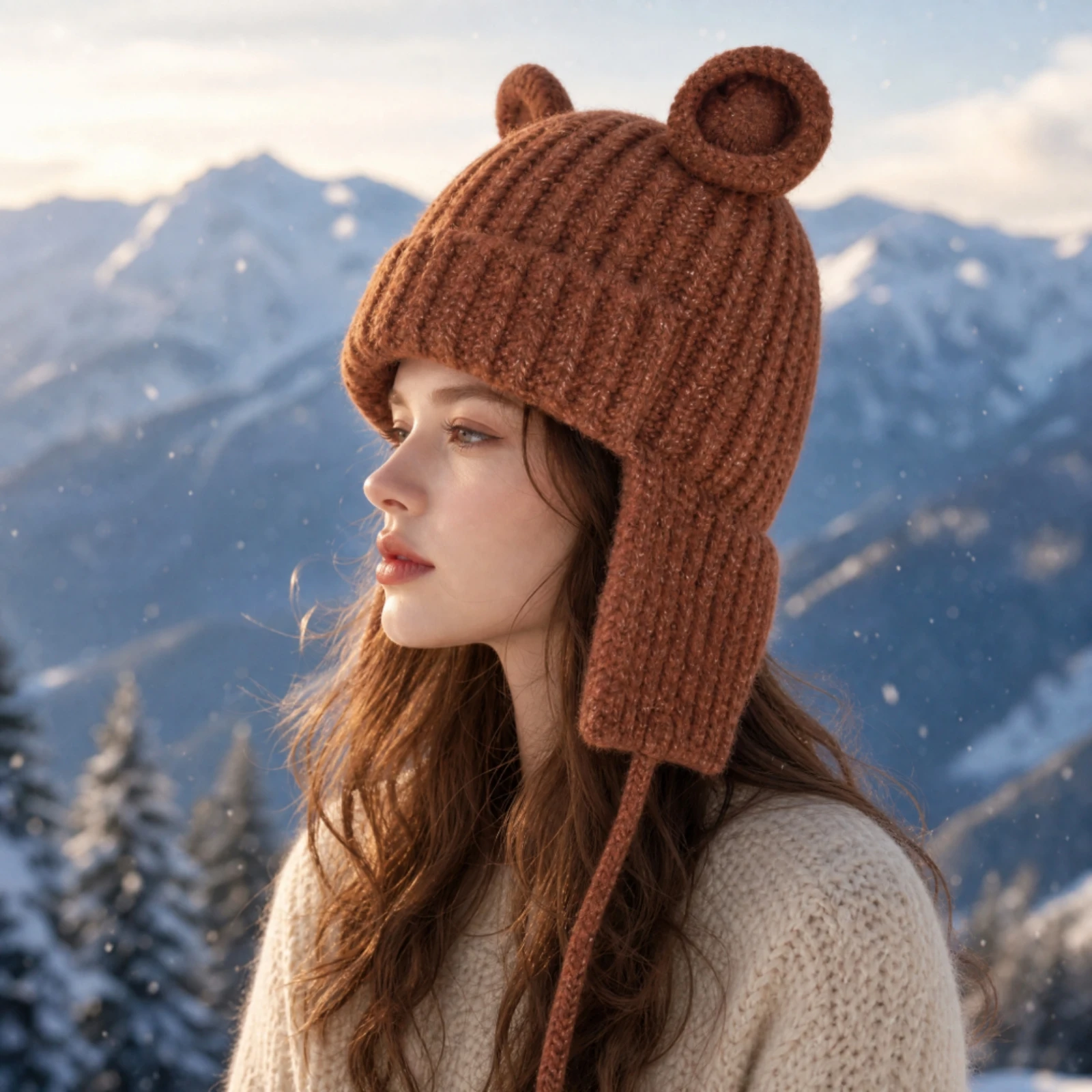 Knitted Winter Earflap Hat with Chin Ties Warm Ribbed Knit Earflap Hat with Bear Ears Winter Beanie with Ear Flaps Cute Soft