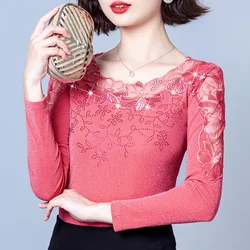 M-4XL 2024 Mesh Bottoming Shirt Autumn Winter Round Neck Lace Tops Women Patchwork Long Sleeve Casual Diamond T Shirt