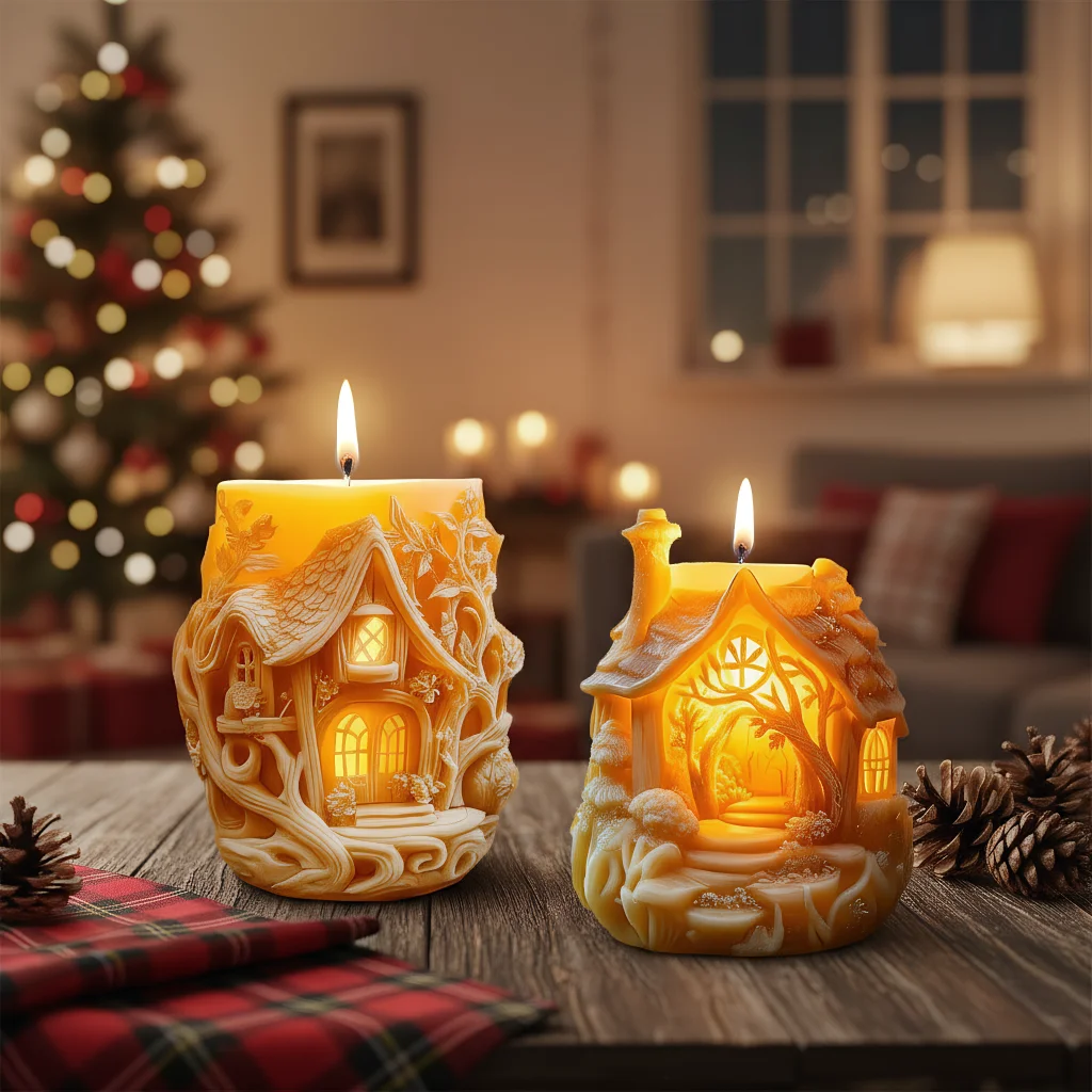

Christmas Gift DIY Candle Silicone Mold for 3D Treehouse Handmade Scented Candles Soap Resin Molds Home Xmas Decor Baking Tool