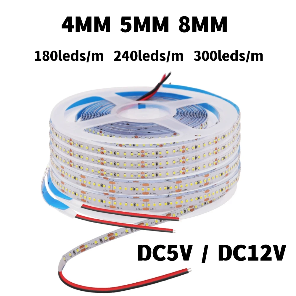 

5M 5V 12V LED Light Strips 4MM 5MM 8MM PCB Flexible Tape Rope Backlight 180Leds 240LEDs 300LEDs IP20 Ribbon Lamp Warm White