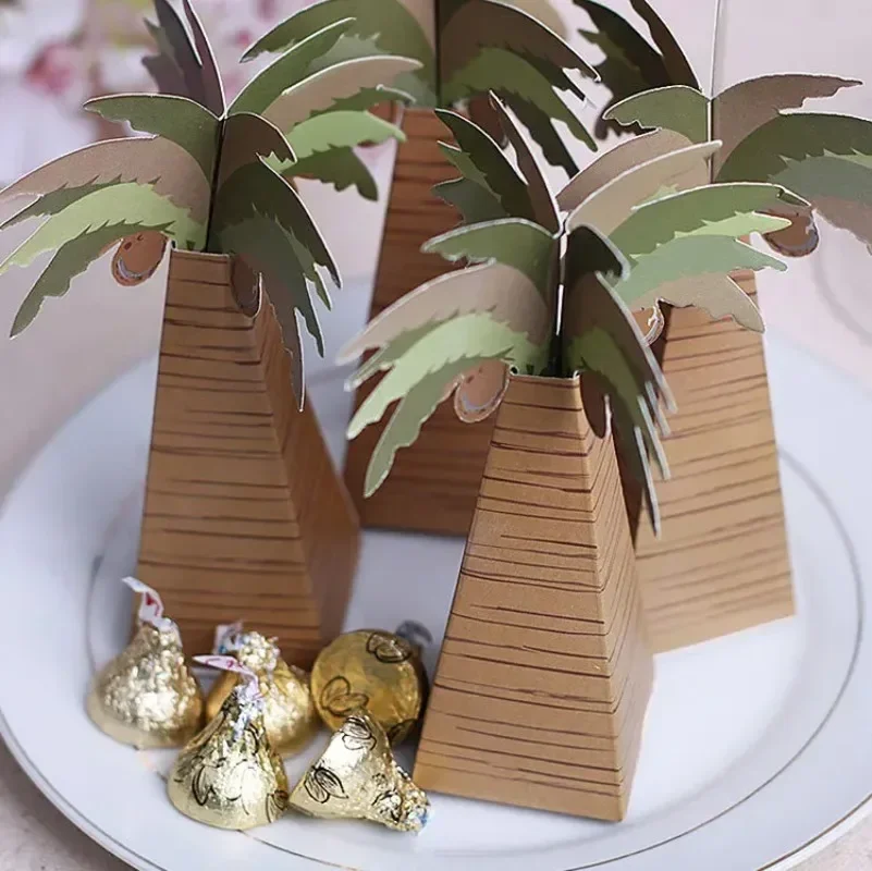 10Pc Tropical Hawaiian Coconut Palm Tree Chocolate Candy Box Gift Packing Boxes for Aloha Luau Wedding Birthday Party Decoration