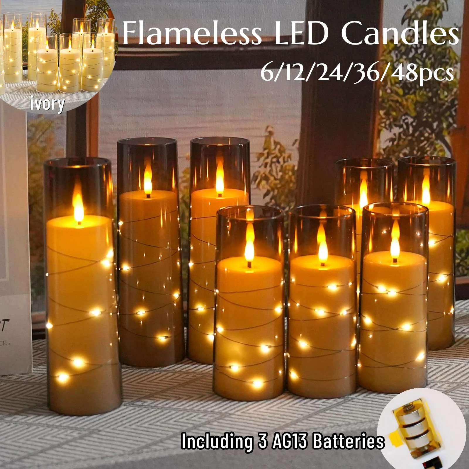 

6-60PCS Flameless LED Candles with Embedded Star String Flickering Acrylic Pillar Candle Battery Operated for Home Wedding Party