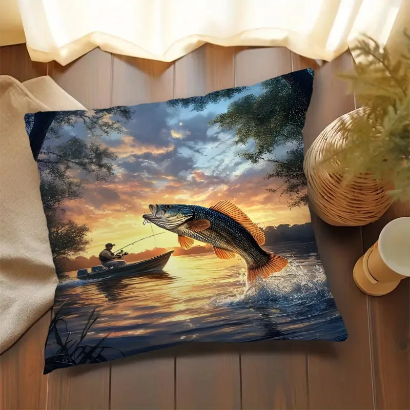 Sunset Bass Fishing Print Throw Pillow Cover Realistic Lake Fishing Scene Cushion Case for Outdoor Angler Cabin Home Decor Couch