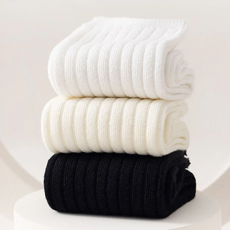 Warm New School Style Student Socks Black And White Children'S Socks Double Needle Solid Color Kids Socks For Boys And Girls