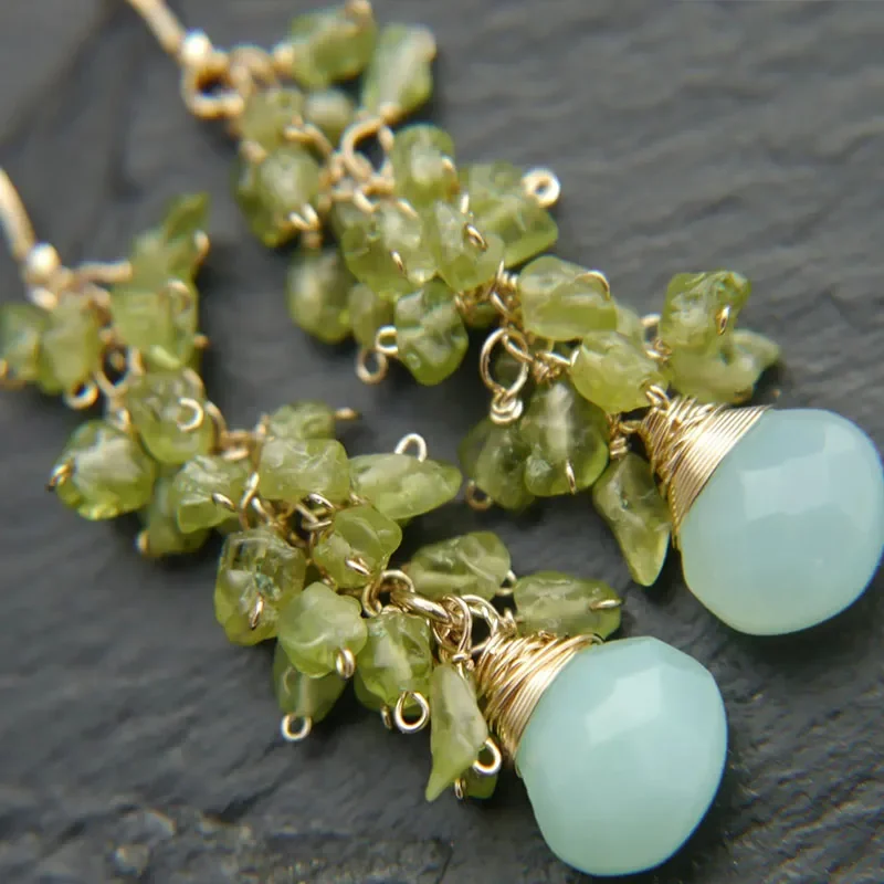 Aqua Chalcedony Peridot Cluster  Teardrop Long Dangle Earrings