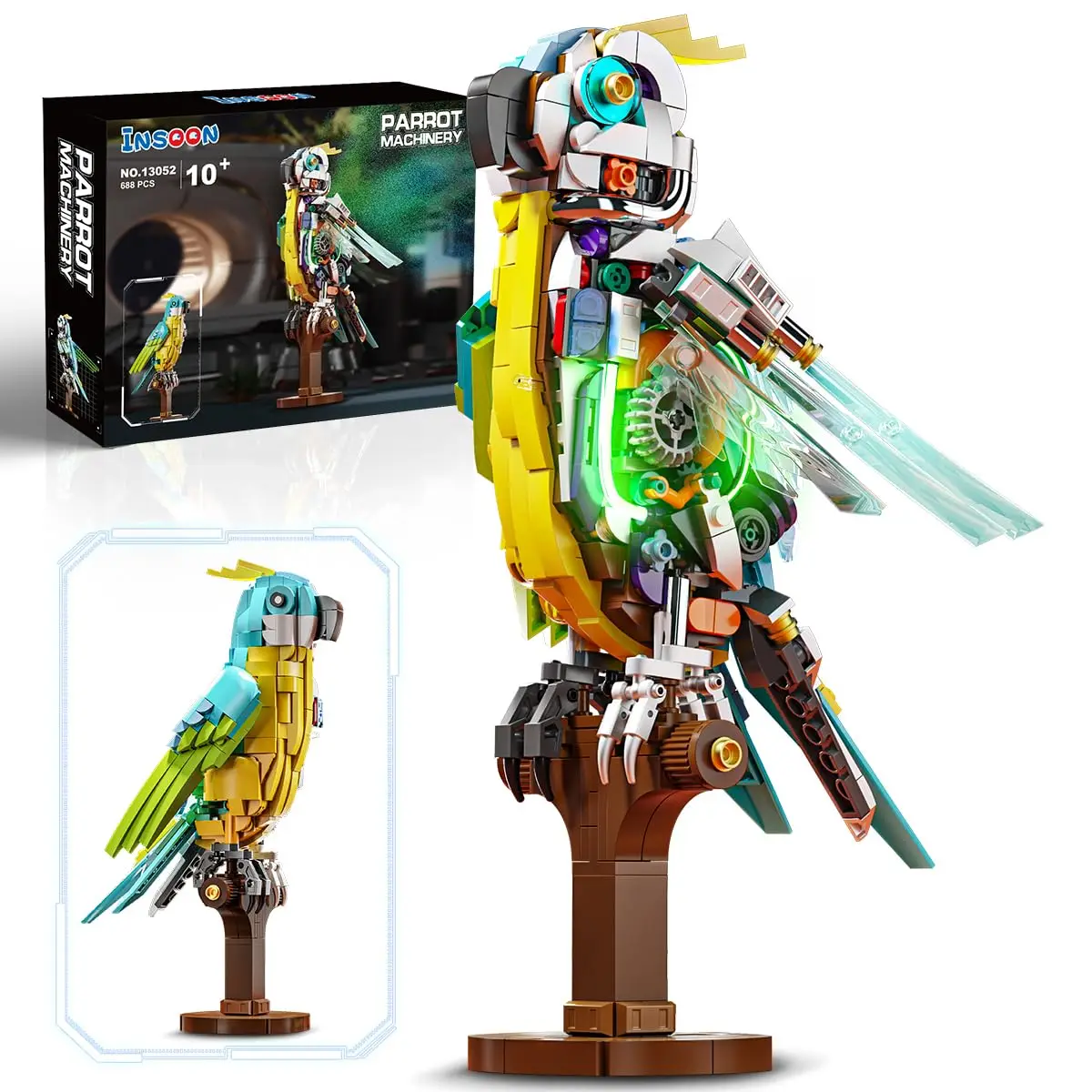 Parrot Building Set with Led-Mechanical Birds BlockToy Collectible Animal Display Model Home Office Decor for Adults Kids10+