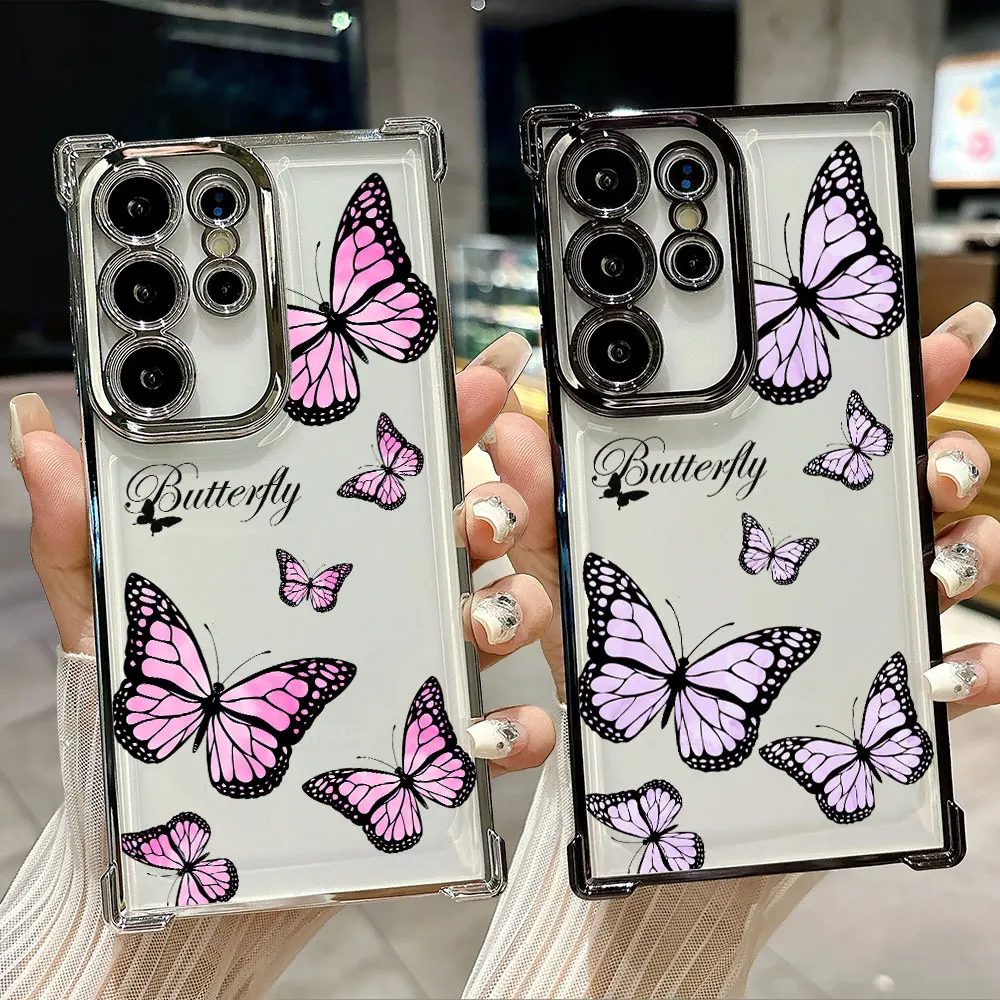 

Pink Butterfly Funda For Samsung S26 Ultra Phone Case For Galaxy S25 FE S26 S24 S23 S22 S21 Ultra S20 Plus S25FE 5G Clear Cover