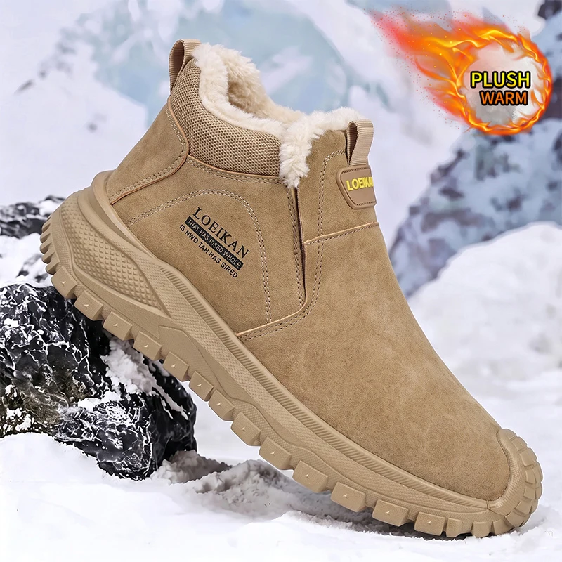 Men Warm Plush Lined Ankle Boots Suede Upper Slip‑on Design Chunky Thick Sole Comfort Fashion Winter Daily Male Footwear