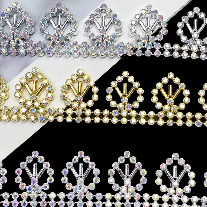 

9m Rhinestone Chain Lace 2.4cm Wide Gold Silver Crystal Embellished Trim for Bridal Dresses Evening Gowns DIY Decoration Crafts
