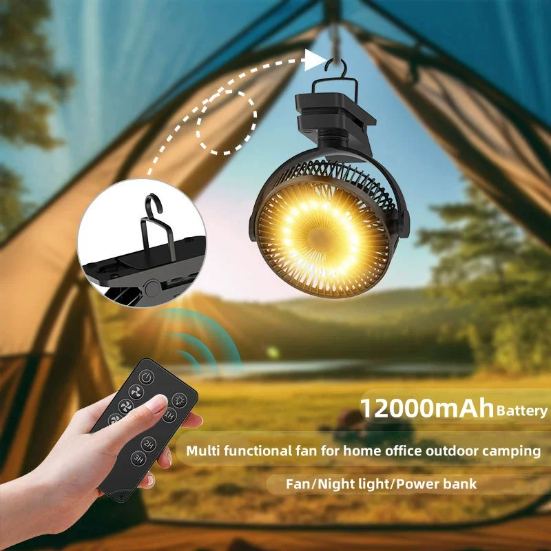 

Portable USB Chargeable Camping Fan with LED Night Light Remote Control Desk Clip Fan for Outdoor Travel Tent Hanging Fan