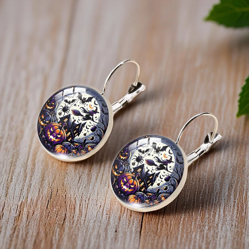 2025 New Fashion Magic Pumpkin Witch Ear Clip Round Earring Glass Cabochon Art Printed Jewelry