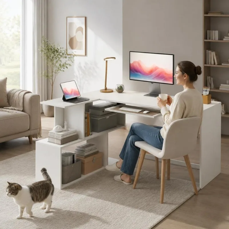 Bureau informatique Eck, gain de place, avec plateau intégré en forme de S à quatre compartiments, plateau pour clavier extensible et grand espace de travail, montage facile, design moderne et minimaliste, idéal pour table pliante