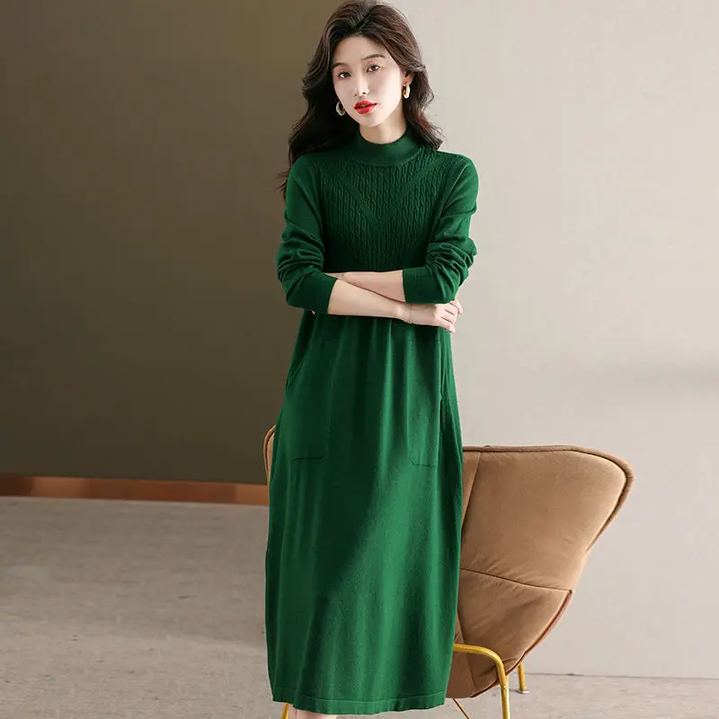 Oversize Women Knitting Dresses Long Sweater For Autumn Winter Fashion Bubble Grid Patchwork Pullover Warm Female Dress 2023 New