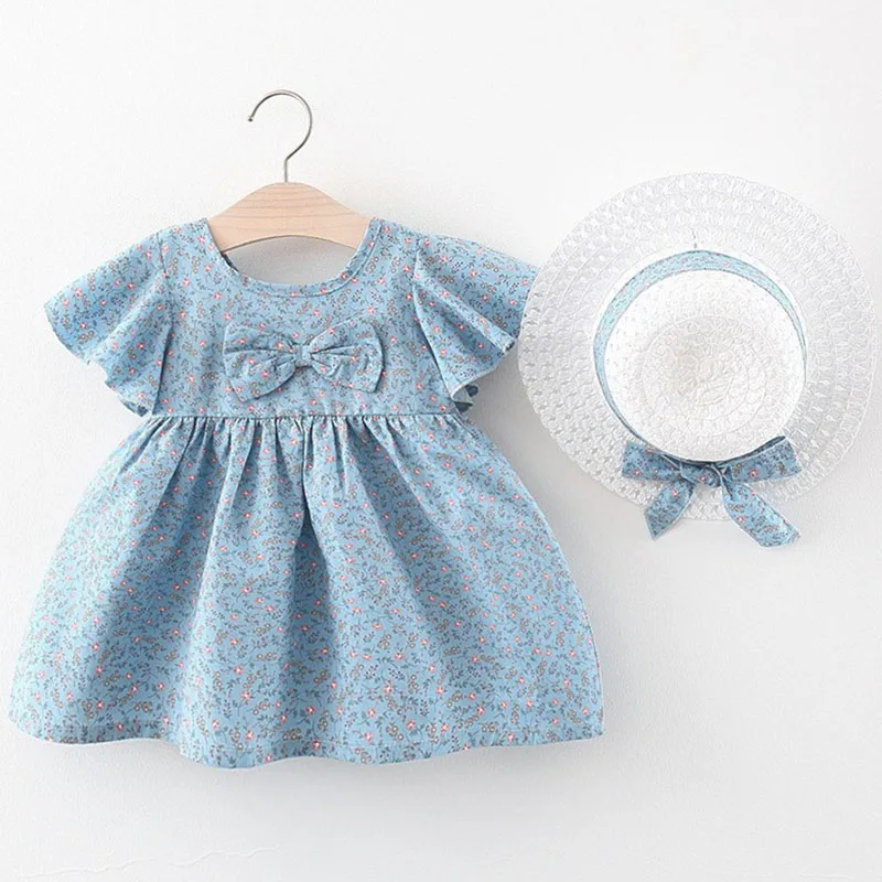 

2Piece Sets Summer Baby Girl Clothes Korean Fashion Cute Flowers Print Sleeveless Cotton Princess Dress+Hat Kids' Dresses B214