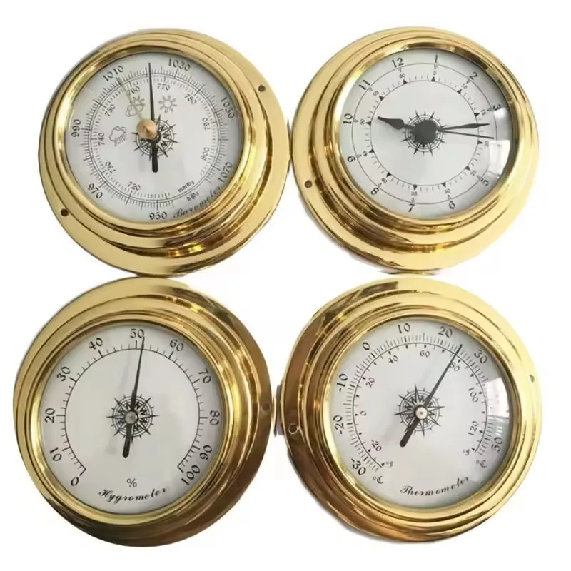 145mm Copper Shell Marine Barometer Set | Atmospheric Pressure Gauge, Thermohygrometer & Clock Battery-Free Weather Mo