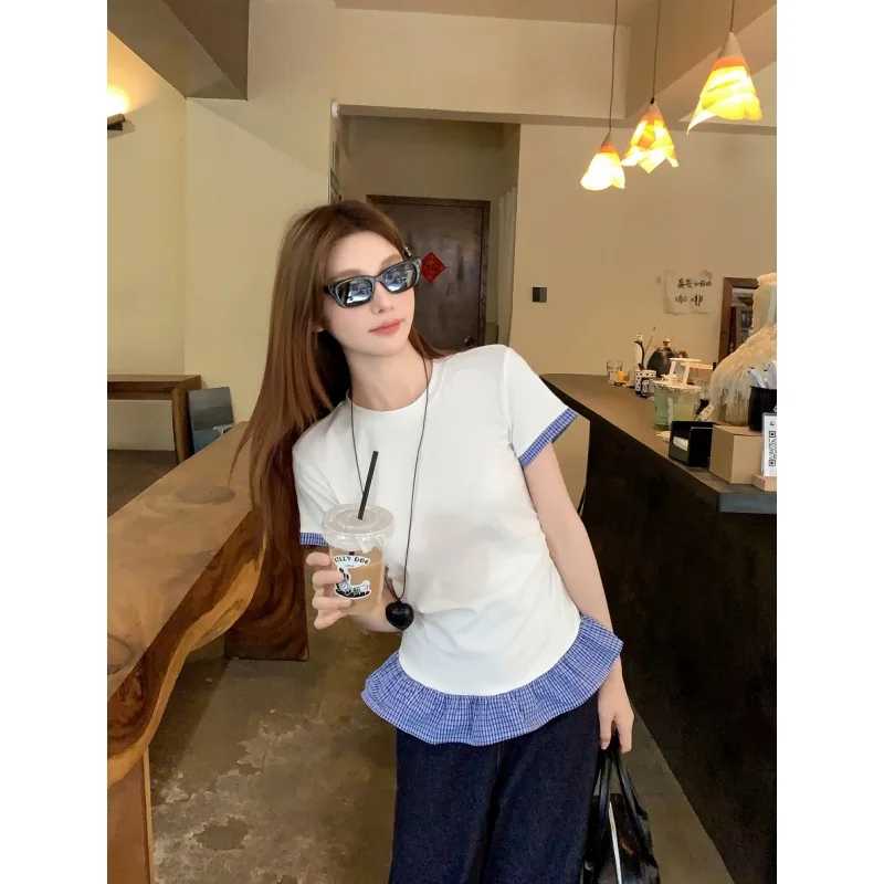 

Women's T-shirt Chic Autumn O-neck Short Sleeves Plaid Hem Fake Tee Casual Slim Shirt y2k Cotton Clothing for Outwear Clothes