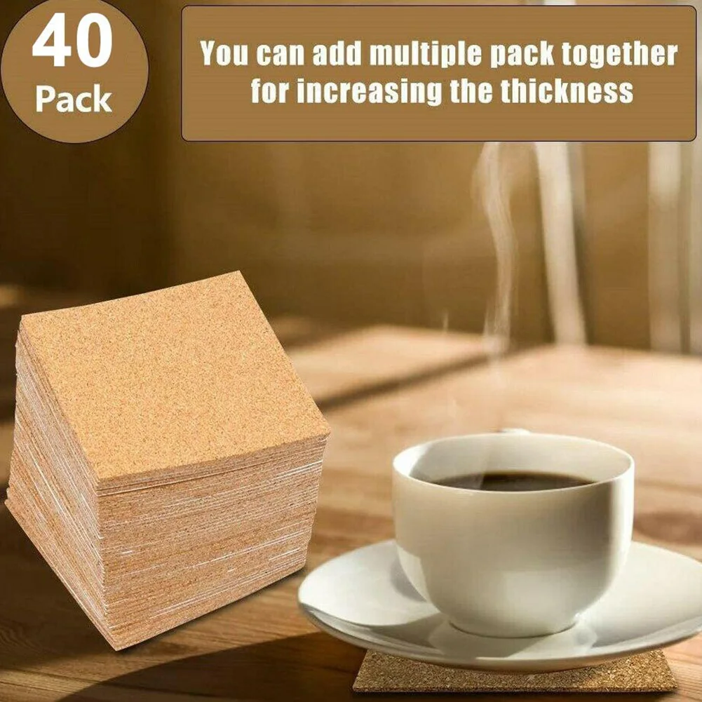 40Pcs Cork Coasters Square Cork Mat Self-adhesive DIY Backing Sheet For Home Bar Natural Wine Drink Tea Coffee Coaster