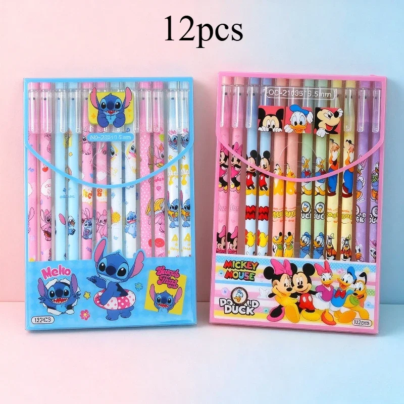 12pcs Disney Mickey, Minnie, Stitch Ballpoint Pens, 0.5mm Cartoon Erasable Ballpoint Pens, Student Stationery, Office Supplies.